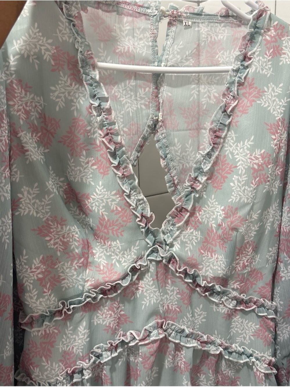 Light Blue Floral Ruffle V-Neck Dress